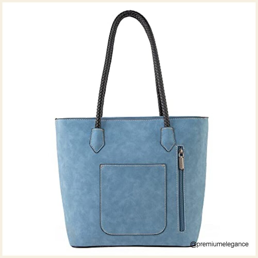 Large Vegan Leather Tote Bag with Back Zipper Pocket and Multiple Compartments - Picture 3 of 7